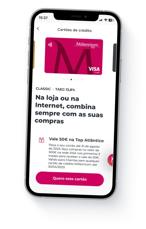 Telemóvel com App Millennium no fluxo pedir cartão