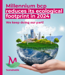 Illustration of hands holding planet Earth split in half, with trees and sustainable buildings inside