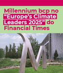 fotografia dos edifícios do Millennium bcp no Tagus Park, com um "M" metálico na relva