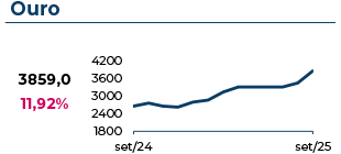 O Ouro atingiu 3859$, com uma variação mensal de 11,92%