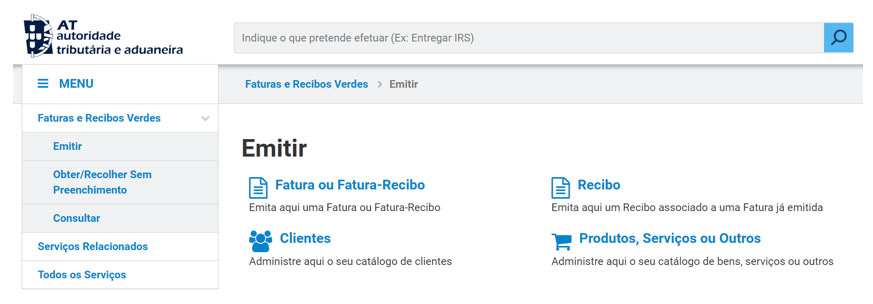 Ecrã da AT de Faturas e Recibos verdes - Emitir