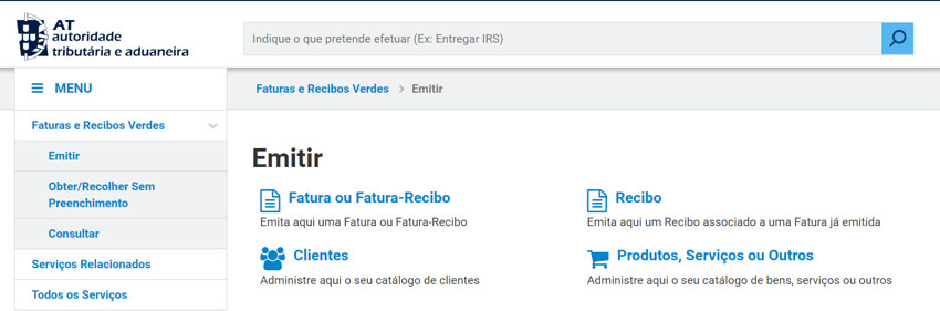 Ecrã da AT de Faturas e Recibos verdes - Emitir