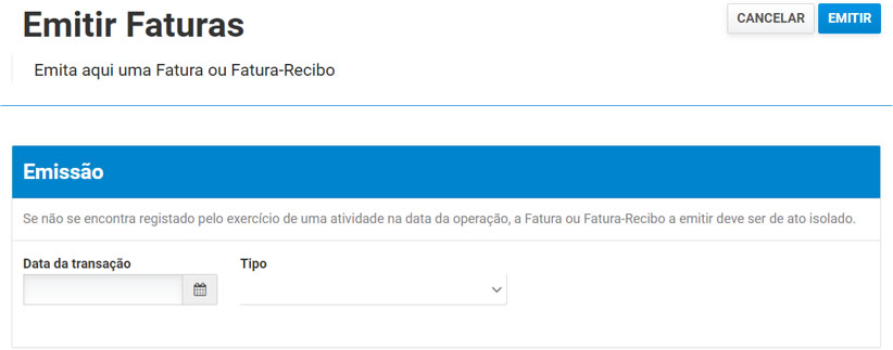 Ecrã de Enitir Faturas