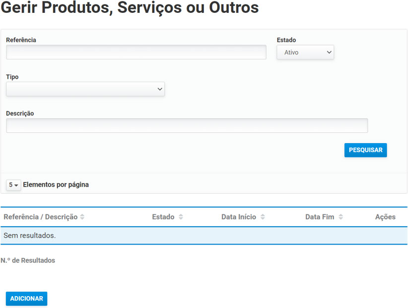 Ecrã de Gerir Produtos, Serviços ou Outros
