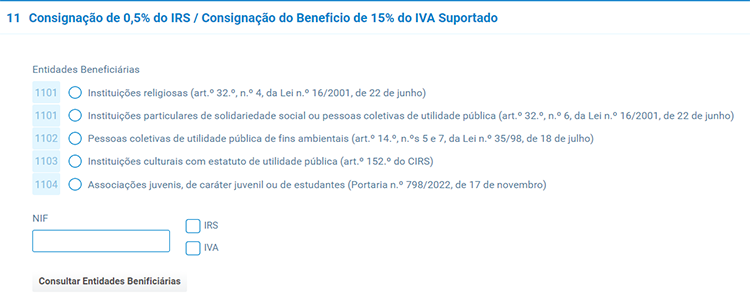 Quadro 11 – Consignação de 0,5% do IRS / Consignação do benefício de 15% do IVA suportado