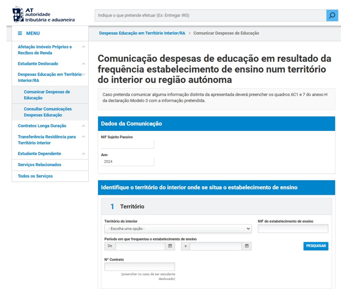 Quadro a prrencher com a comunicação de despesas de educação em resultado da frequência estabelecimento de ensino nu território do interior ou região autónoma