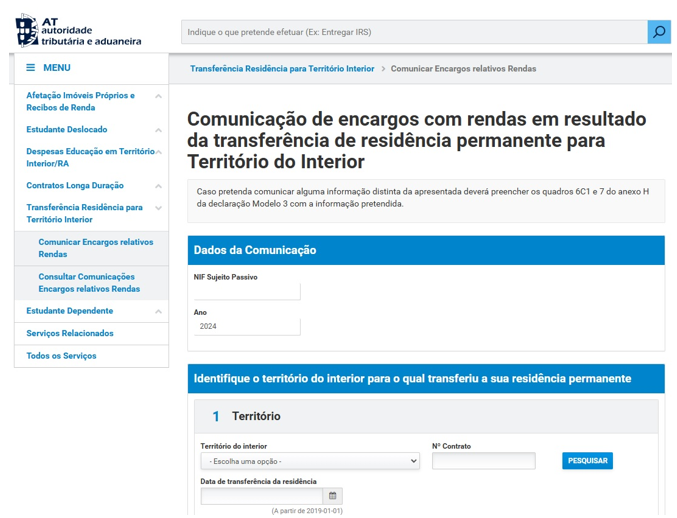 Comunicação de encargos com rendas em resultado da transferência de residência permanente para Território do Interior