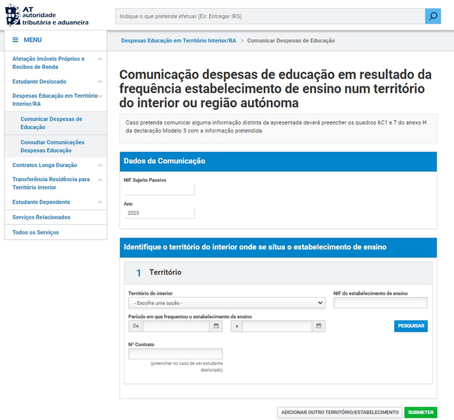 Comunicar despesas com educação no interior ou região autónoma em 2023