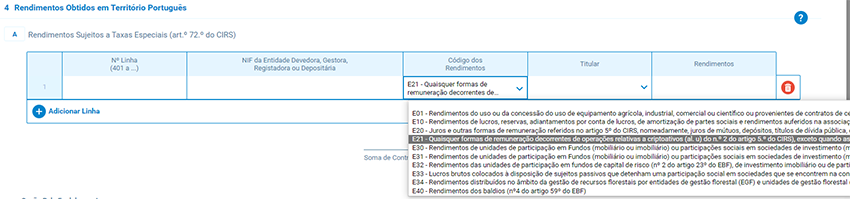 Quadro 4 – Rendimentos obtidos em território português - CÓDIGO: E21