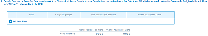 Quadro 7 – Cessão onerosa de posições contratuais ou outros direitos relativos a bens imóveis e cessão onerosa de direitos sobre estruturas fiduciárias incluindo a cessão onerosa da posição do beneficiário (art.º 10.º, n. º 1, als. d) e j), do CIRS)