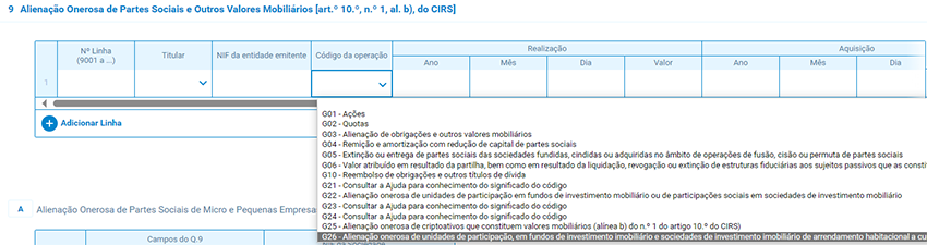 código G26 - Alienação onerosa de unidades de participação, em fundos de investimento imobiliário e sociedades de investimento imobiliário de arrendamento habitacional a custos acessíveis, prevista no n.º 2 do artigo 71.º-A do EBF